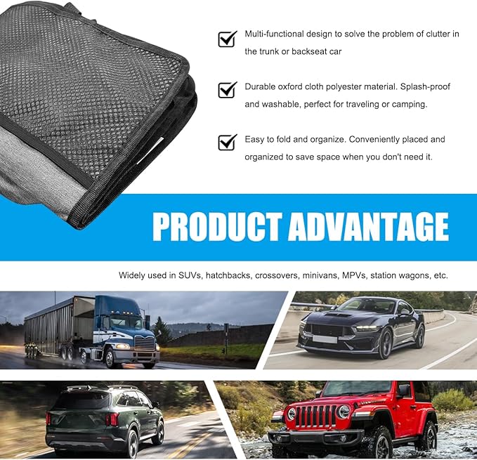 Hanging Car Trunk Organizer, Detachable Seat Back Storage Bag with Lids & 7 Large Pockets, Waterproof Space Saving Cargo