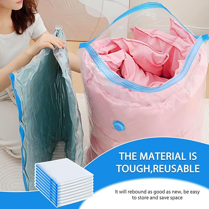 8 Pack Large Vacuum Storage Bags, Vacuum Seal Bags for Clothing with Hand Pump, 80% Space Saver Bags for Clothes, Pillows, Co
