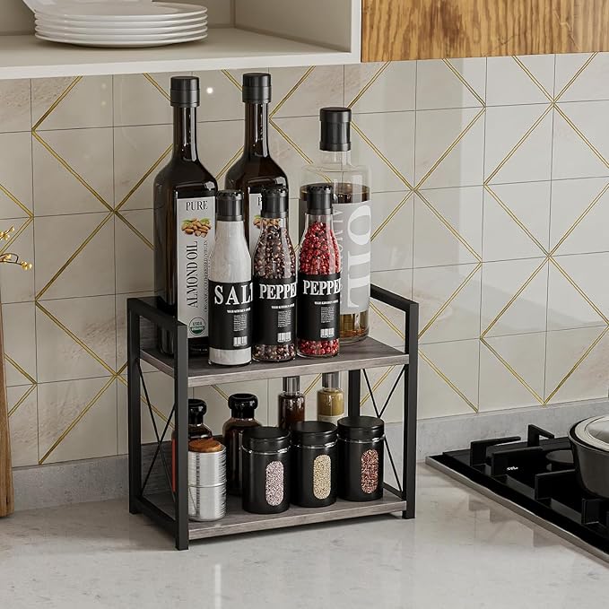 Giikin Countertop Shelf Organizer, 2 Tier Kitchen Spice Rack Organizer for Countertop, Wood Coffee Counter Shelf Organizer fo
