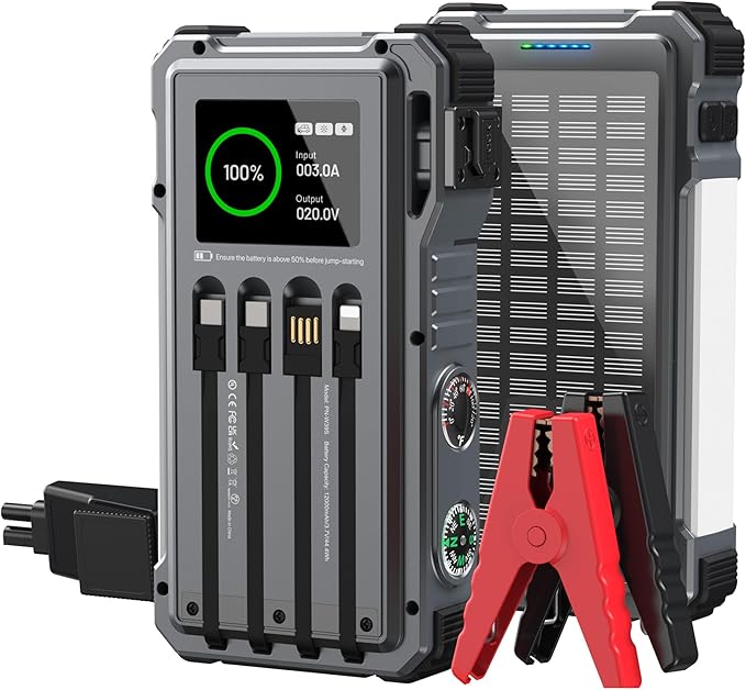 Solar Power Bank 44400 mWH, 45W Fast Charging with 4 Built-in Cables & Car Battery Jumper Starter Portable, 12V Battery