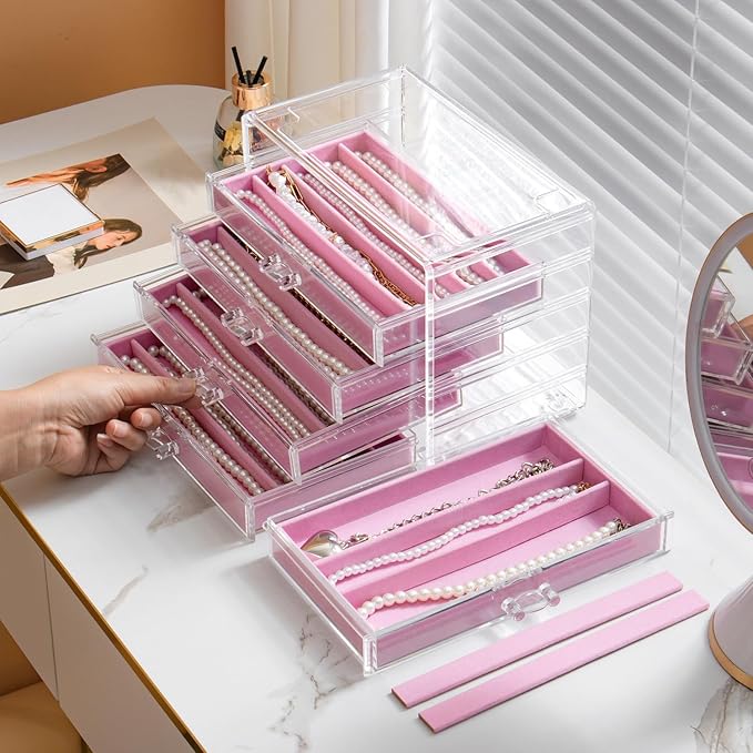YUFONG Necklace Holder Organizer, Dustproof Necklace Box Velvet Necklace Organizer Box with Lid Clear Acrylic Dustproof Stack