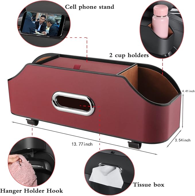 Car Seat Back Organizer - Stylish & Functional Storage for Family Adventures - Cup Holders, Tissue Box & Hooks - Perfect for Kids, Road Trips & Travel (Red)