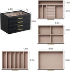 pickpiff Jewelry Box Organizer Case for Women: 4-Layer Jewelry Storage Case with Glass Window, Black Leather with Blush Velve