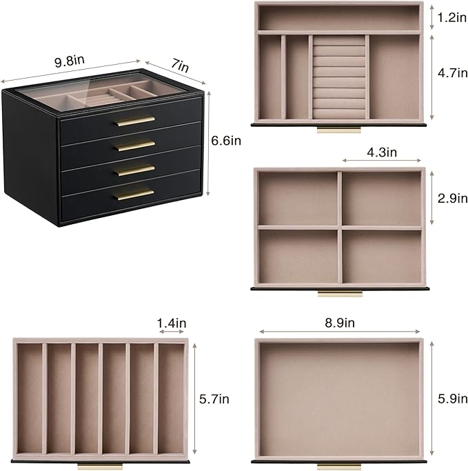 pickpiff Jewelry Box Organizer Case for Women: 4-Layer Jewelry Storage Case with Glass Window, Black Leather with Blush Velve