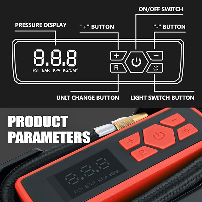 ‎DNA Motoring TOOLS-00210 Red 12V DC Digital Tire Inflator Portable Air Compressor with Pressure Gauge for Cars, Bicycles, Motorcycles,Balls