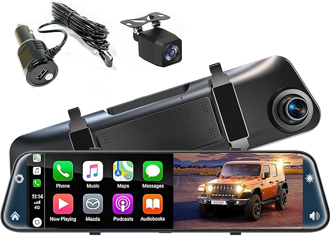 12'' Rearview Mirror Camera with CarPlay&Andorid Auto,4K Mirror Dash Cam Front and Rear Backup Camera with Reverse Assist/Loo