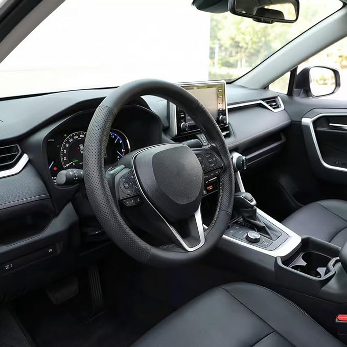 Leather Steering Wheel Cover for Chevy Silverado 1500 2500 3500, 14.5-15 inches Car Steering Wheel Cover, Black