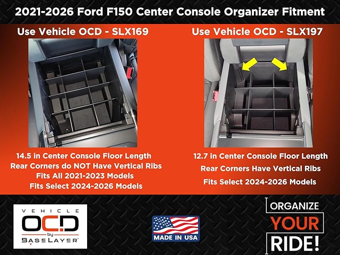 Vehicle OCD - Center Console Organizer for Ford F150 (Select 2024-2026 Models) (Full Console w/Bucket Seats ONLY) - Made in USA - SLX197