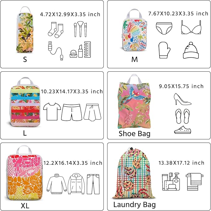 6 Pcs Compression Packing Cubes Waterproof Suitcase Travel Bag Luggage Backpack Organizer Travel Cubes for Packing-Tropical B