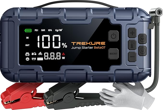 TREKURE 10-in-1 Car Battery Jump Starter Box with Jump Cables & Gloves for All Gas & 12L Diesel, 8000A Portable Battery