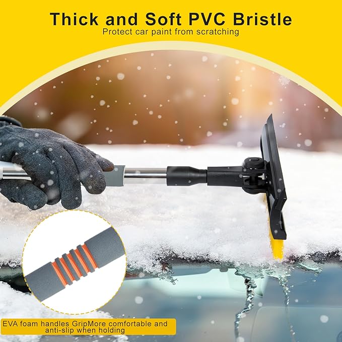 53" Extendable Retractable Snow Brush & Ice Scraper for Car SUV Truck - 360° Pivoting Brush Head with Comfort Foam Grip, Windshield Cleaner Tool