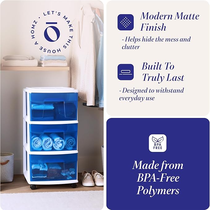 HOMZ Drawer Tower, 3-Tier Clear Blue Plastic Storage Organizer Cart, White Frame - Rolling Drawer Containers with Wheels for 