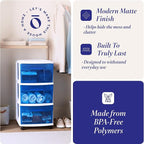 HOMZ Drawer Tower, 3-Tier Clear Blue Plastic Storage Organizer Cart, White Frame - Rolling Drawer Containers with Wheels for 