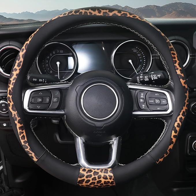 Leopard Steering Wheel Cover, Breathable Microfiber Leather Universal 14.5-15 inch for Most Automotive Steering Wheel Cheetah