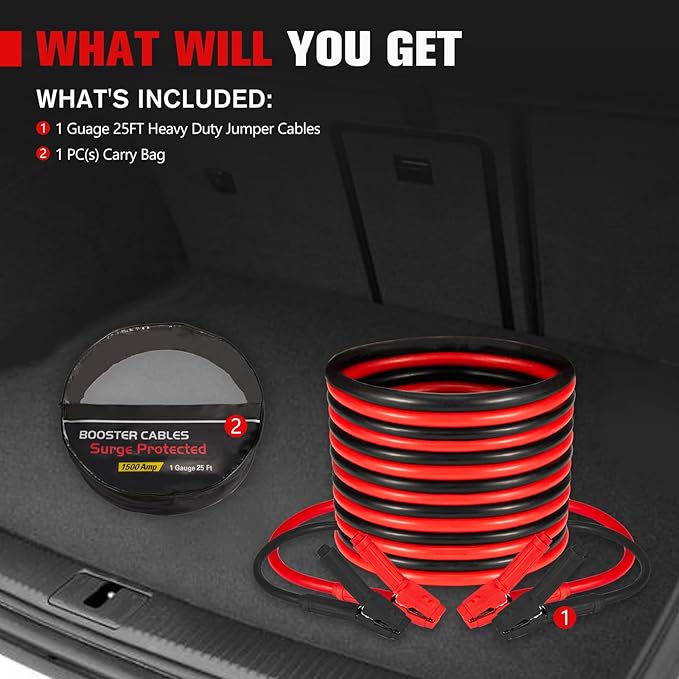 FIERYRED 1 Gauge 25 FT Quick Connect Jumper Cables, 1000A Heavy Duty Booster Cables with Travel Bag，Battery Jumper Cable for Truck, Diesel Trucks, SUV and Car
