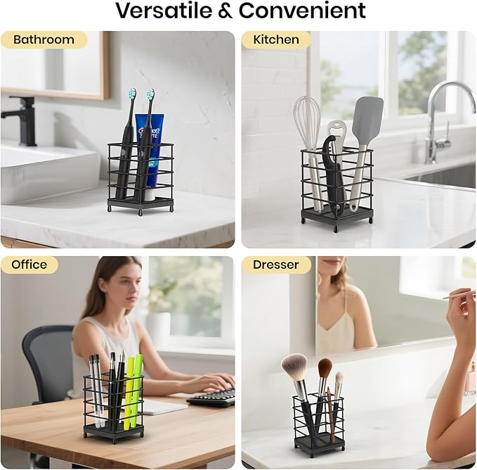 Toothbrush Holders with Quick Drying Mat—Black DiatomiteToothbrush and Toothpaste Holder for Bathroom—3 Slots Openwork Design