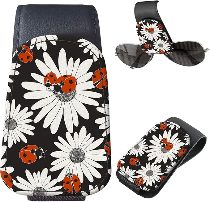 Sunglasses Holder for Car Visor, PU Leather Glasses Clip Organizer, Cute Magnetic Eyeglass Holder for Vehicle Sun Visor, Car Interior Accessory for Women & Men Chamomile Ladybug