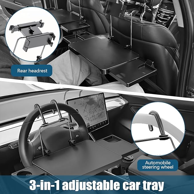 2-in-1 Car Steering Wheel Tray & Steering Wheel Laptop Holder with Adjustable Multipurpose for Eating, Writing, Laptop Work With Mobile Phone Holder And Tablet Holder - Ideal for Constant Travelers