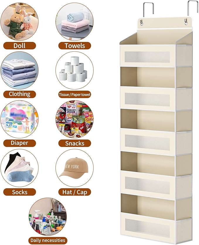 Over The Door Organizer with 5 Large Pockets, Over the Door Storage 10 Side Pocket 44 lb Load Behind Door Storage, Closet Doo