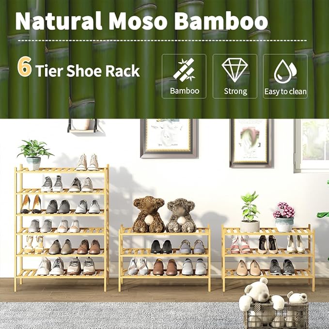 6-Tier Bamboo Shoe Rack for Entryway, Stackable | Heavy Duty | Multi-Function, Free Standing Shoe Racks for Bedroom Hallway C