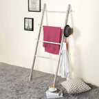 MyGift 63 Inch Wooden Blanket Ladder, White Quilt Towel Holder Rack, Wall Leaning 4 Rungs and 6 Pegged Hooks Farmhouse Decora