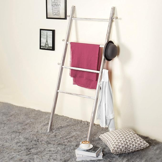 MyGift 63 Inch Wooden Blanket Ladder, White Quilt Towel Holder Rack, Wall Leaning 4 Rungs and 6 Pegged Hooks Farmhouse Decora