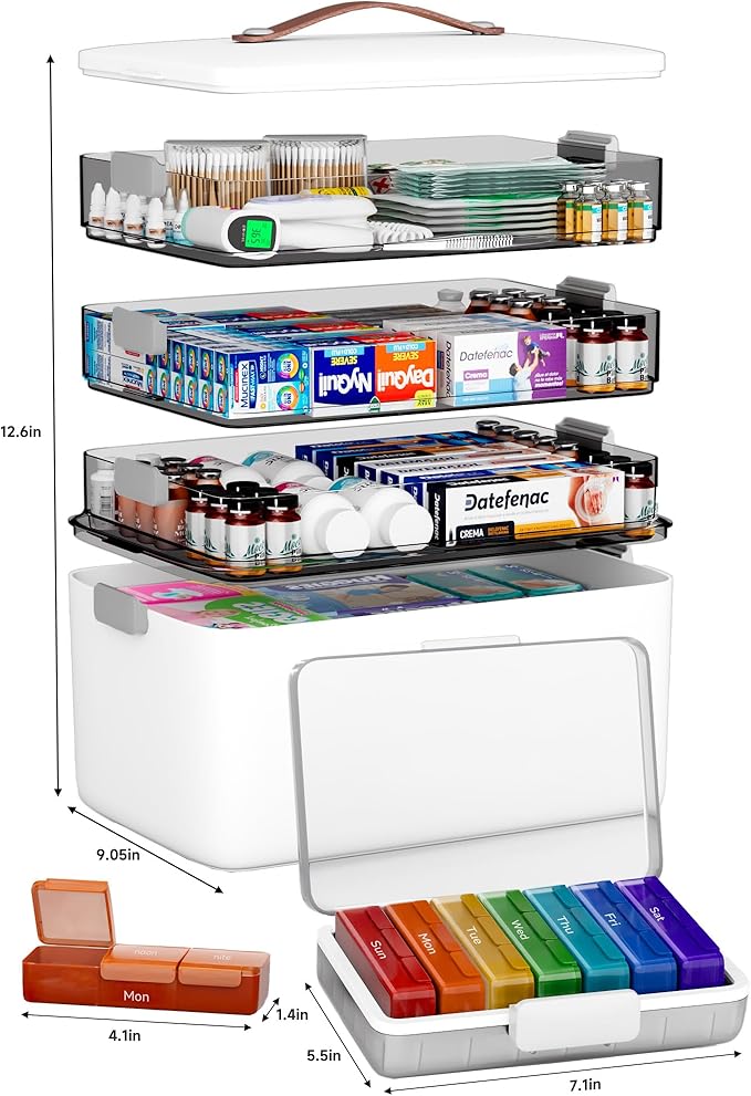 CTIME 4-Tier XL Medicine Organizer with Leather Handle - Portable Pill Case & Empty First Aid Kit for Home, Travel, RV, Schoo