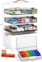 CTIME 4-Tier XL Medicine Organizer with Leather Handle - Portable Pill Case & Empty First Aid Kit for Home, Travel, RV, Schoo