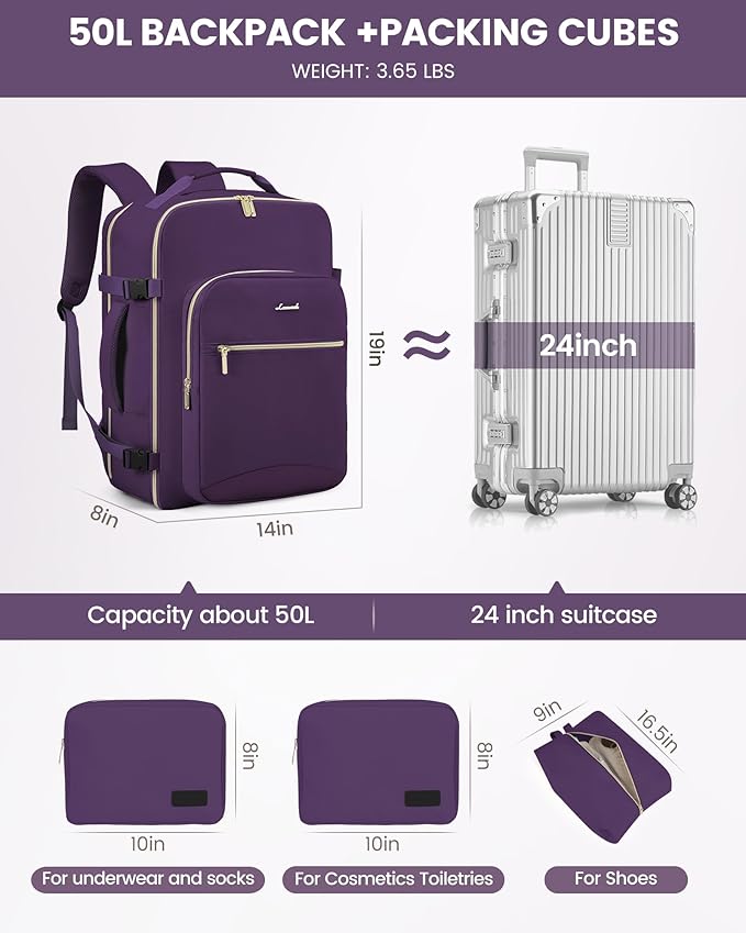 LOVEVOOK Travel Backpack for Women & Men 50L,Airline Approved Carry On Backpack Travel Essentials,TSA Carry on Luggage,Waterp