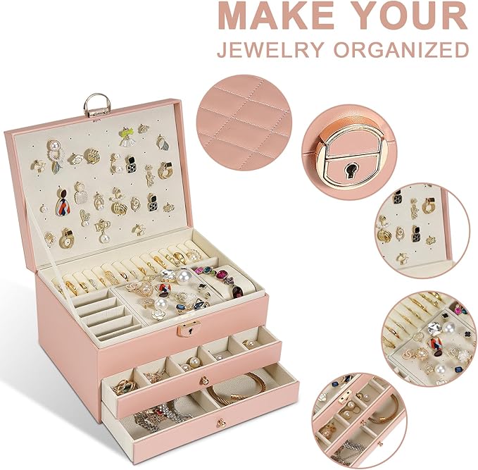 3-Layer Jewelry Box for Women, Jewelry Organizers and Storage with Removable Jewelry Tray, Vintage Quilted Top Lockable Jewel