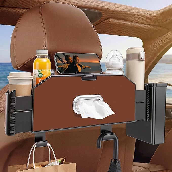 5-in-1 Car Back Seat Organizer and Storage with Extendable Cup Holder, Tissue Holder, Phone Holder, Hanging Hooks, Trash Bin, Back of Seat Car Headrest Organization Accessories for Women Man