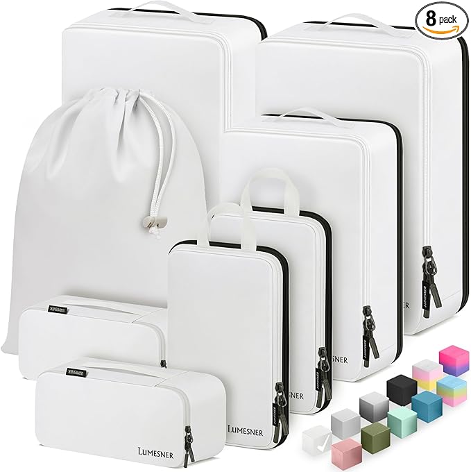 8 Set Compression Packing Cubes for Travel, Waterproof Luggage Organizers, Suitcase Organizer Set for Carry-On & Checked Bagg