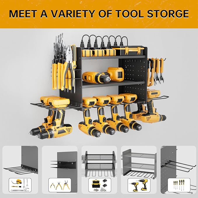 Power Tool Organizer Wall Mount, 3 Layer 8 Drill Holder Tool Shelf Storage Rack for Garage Organization, Birthday Gifts for H