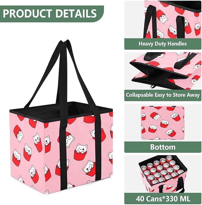 Cartoon Cat Pattern Reusable Grocery Bags Large Shopping Tote Bag with Reinforced Bottom Board, Water Resistant Foldable Stor