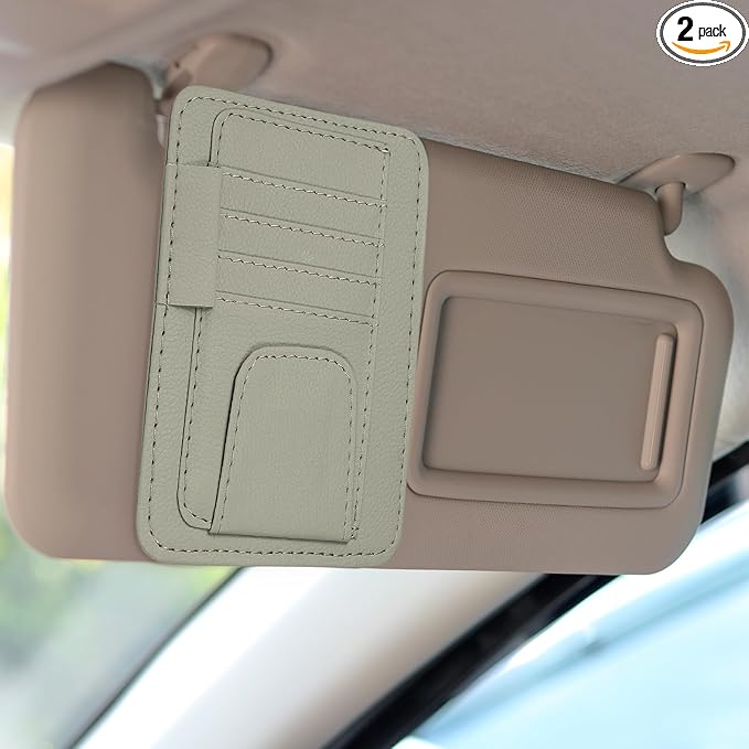 HARFINGTON 2Pcs Car Sun Visor Organizer 6.02" x 4.76" Leather Multi-Pocket Visor Card Sleeve Pocket Car Truck SUV Interior Storage Pouch for Driving License Credit Card Bill Sunglasses, Gray