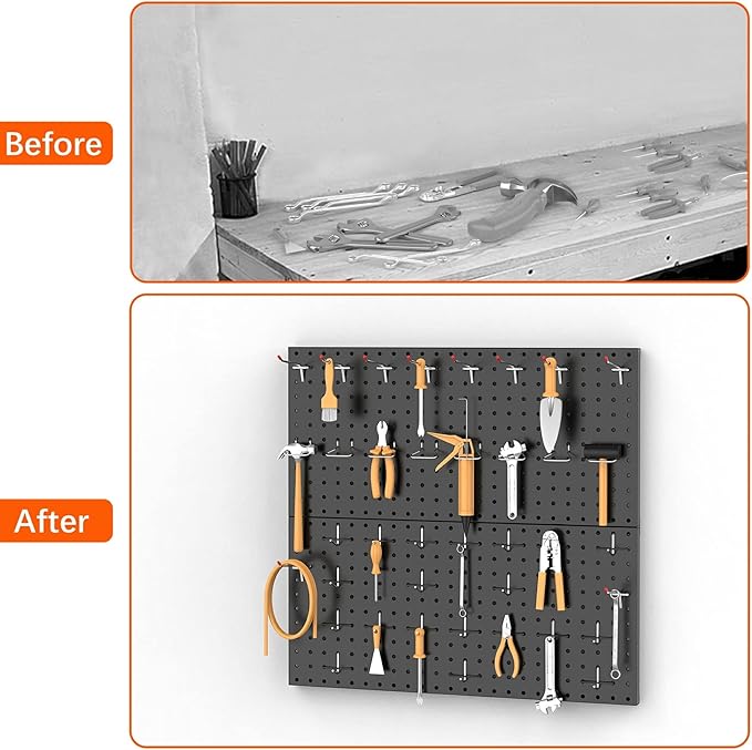 TORACK Metal Pegboard Wall Organizer 24" x 24" or 12" x 48", 70 PCS Tools Storage Pegboard for Garage Tool Organizer Peg Boar
