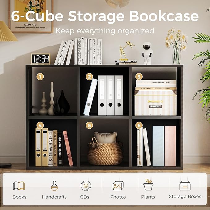 COMHOMA 6 Wood Cube Storage Organizer with Open Back and Removable Back Panels, 11In Black Cube Storage Bookshelf, Cubicle Sh