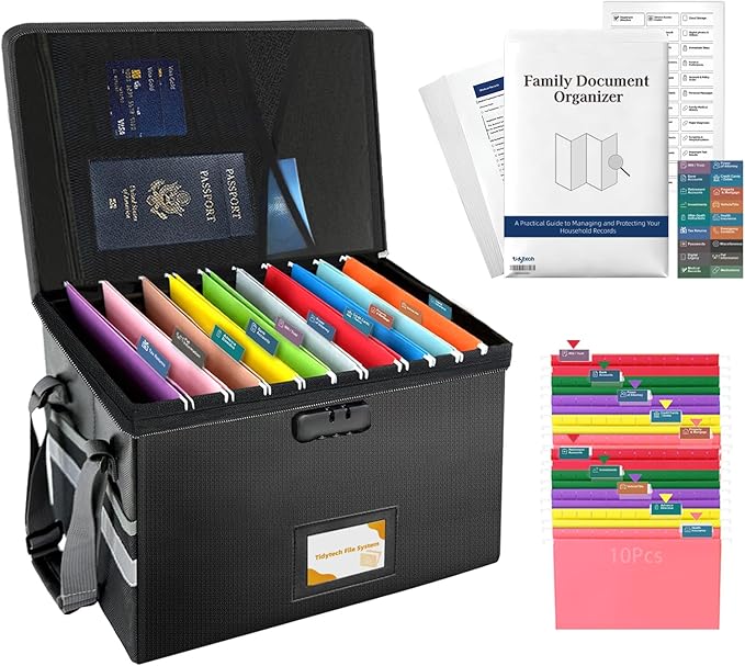 Deluxe Pro Large Next of Kin Box Organizer with 50-Page Family Document Guide, Fireproof Foldable File Organizer with Combina
