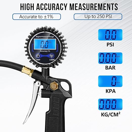 Digital Tire Pressure Gauge with Inflator, 3-250 PSI Air Compressor Accessories with Air Chuck Quick Connect Coupler, Car Attachments with Rubber Hose for Car, Truck, SUV, Cycle, RV