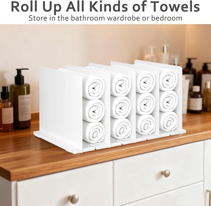 Towel Organizer for Closet, White Interlocking Towels Organizer, Bathroom Towel Storage, Space Saving Bathroom & Cabinet Unde