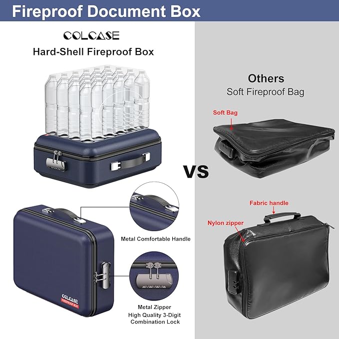 COLCASE Fireproof File Box, Hard Case Fireproof Document Organizer with Lock Hard-Shell Design Fireproof Water Resistant Safe