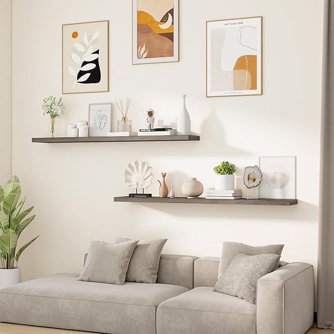 Vivelove Elm Wood Floating Shelves, Wooden Shelves for Wall with Invisible Bracket for Living Room Bedroom Bathroom Office Bo