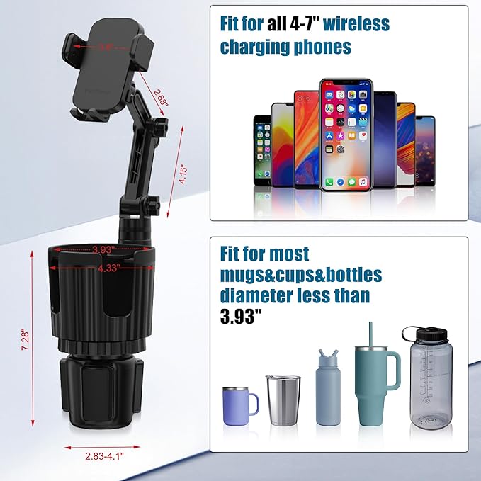 Wireless Car Charger Phone Mount Cup Holder, 3 in 1 15W Fast Charging Auto Clamping Cup Holder Expander for Car, Phone Holder