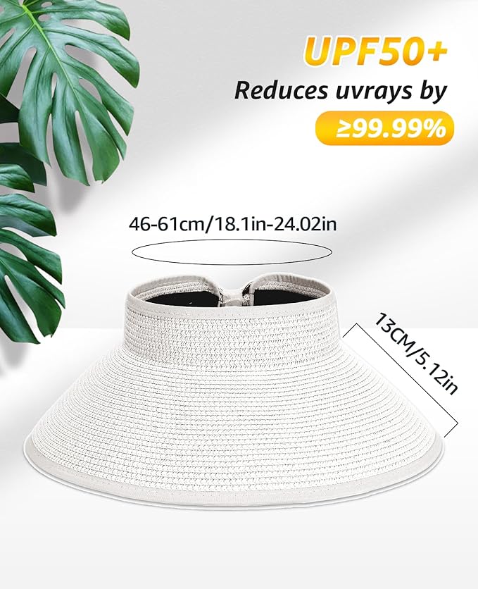 Sun Visor Hat for Women, Wide Brim Straw Summer UV Protection Hat, Foldable Roll-up Packable Beach Cap