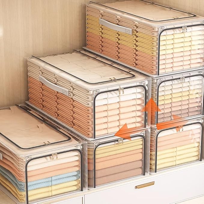 byg 56L Closet Organizer Storage Bin Waterproof Ttansparent Storage Bins Stackable Foldable Steel Frame storage Boxes for Com