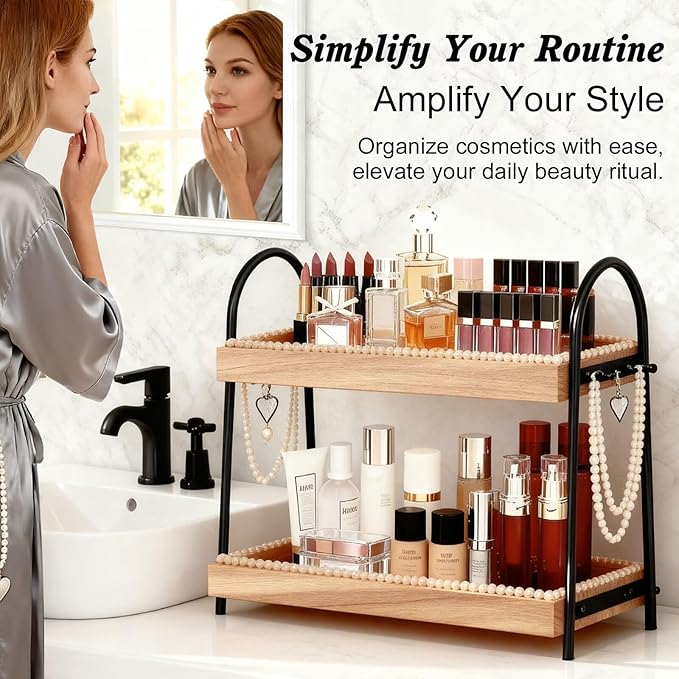 2-Tier Large & Medium Perfume Organizer with 8 Hooks for Jewelry, Bathroom Countertop & Vanity Tray Makeup Shelf - Space Savi