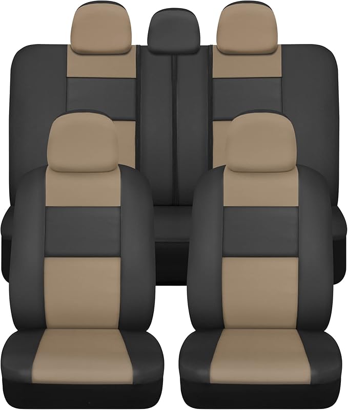 BDk Faux Leather Car Seat Cover Full Set - Front & Rear Split Bench Beige Seat Covers for SUV & Truck Seat Covers, Airbag Com