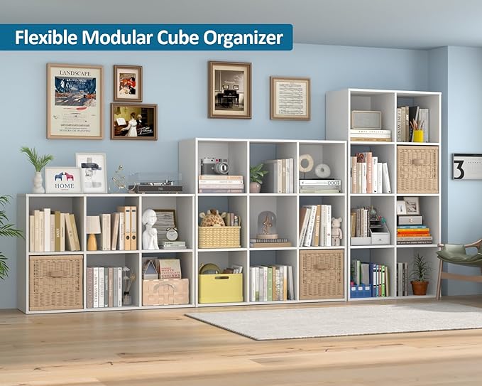 PrimeZone Stackable 8 Cube Storage Organizer: Wood Cubes Shelf Fits Cubby Bins - Square Cubicle Bookshelf Cabinet for Closet 