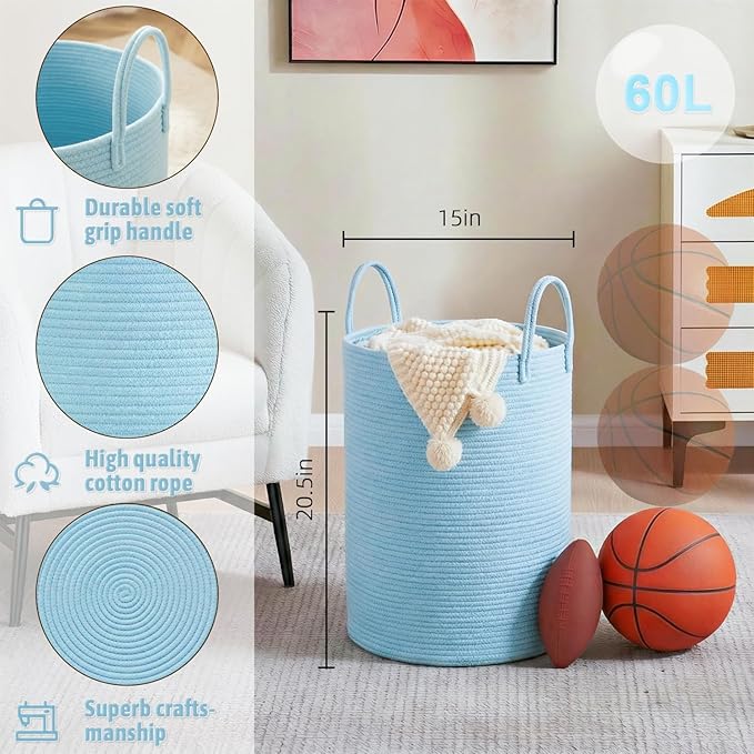 Laundry Basket,Woven Cotton Rope Laundry Hamper,60L for Decor Storage of Dirty Clothes,Toys and Blankets in Bathroom,Baby Roo