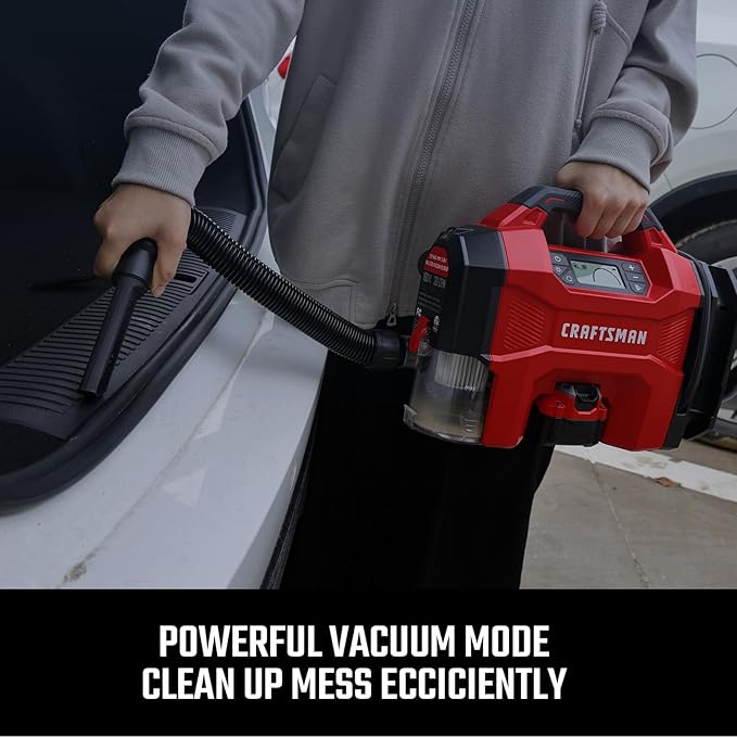 CRAFTSMAN Inflator/Vacuum/Blower 3-IN-1,Tire Inflator Portable Air Compressor with LED Light,Quiet Car Vacuum or Blower, 160 PSI for Car RV Truck,12V DC Corded and 20V DC Cordless,Tool Only